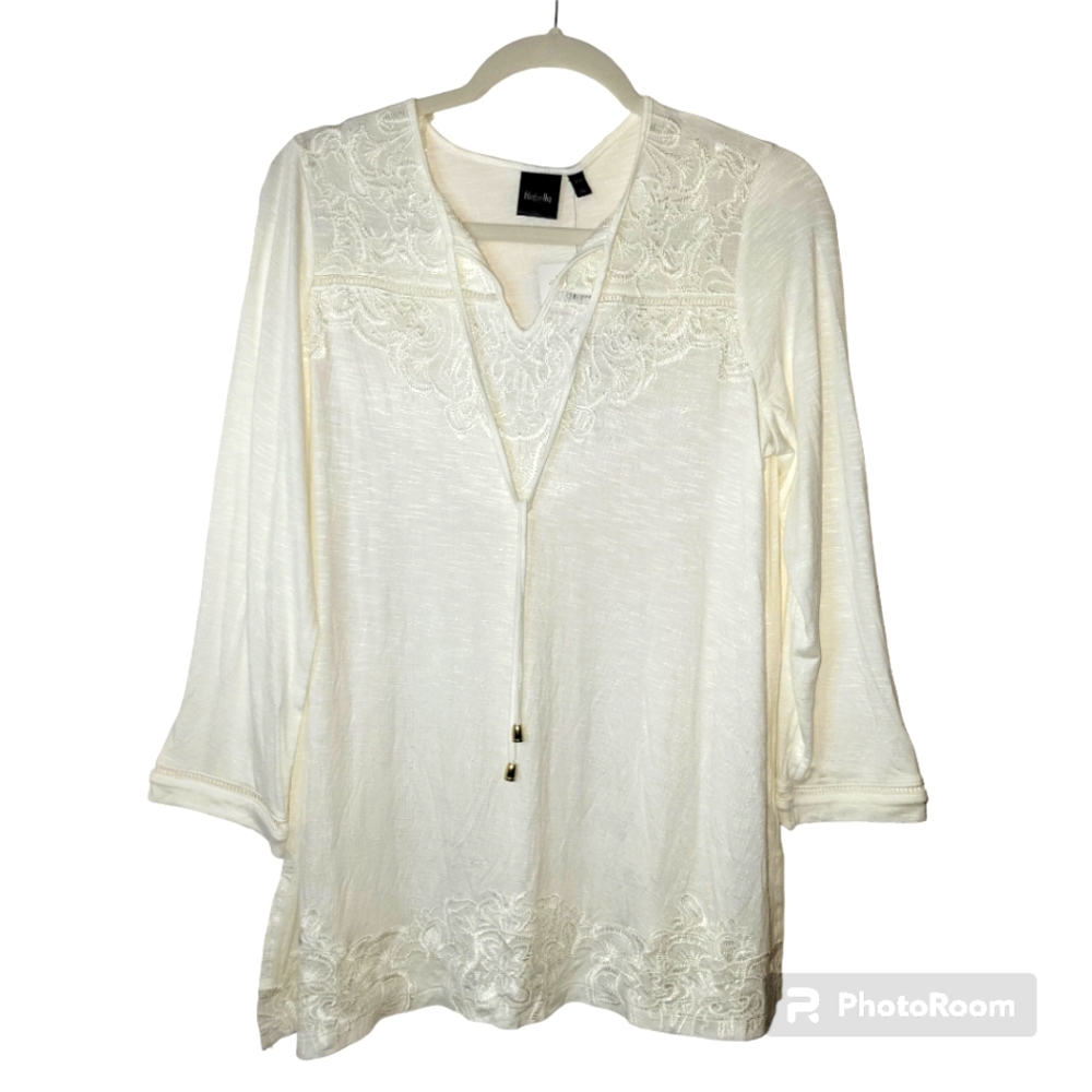 Rafaella 3/4 Sleeve  Embroided  Knit Top, Viscose, S, Egret, NWT